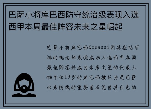 巴萨小将库巴西防守统治级表现入选西甲本周最佳阵容未来之星崛起